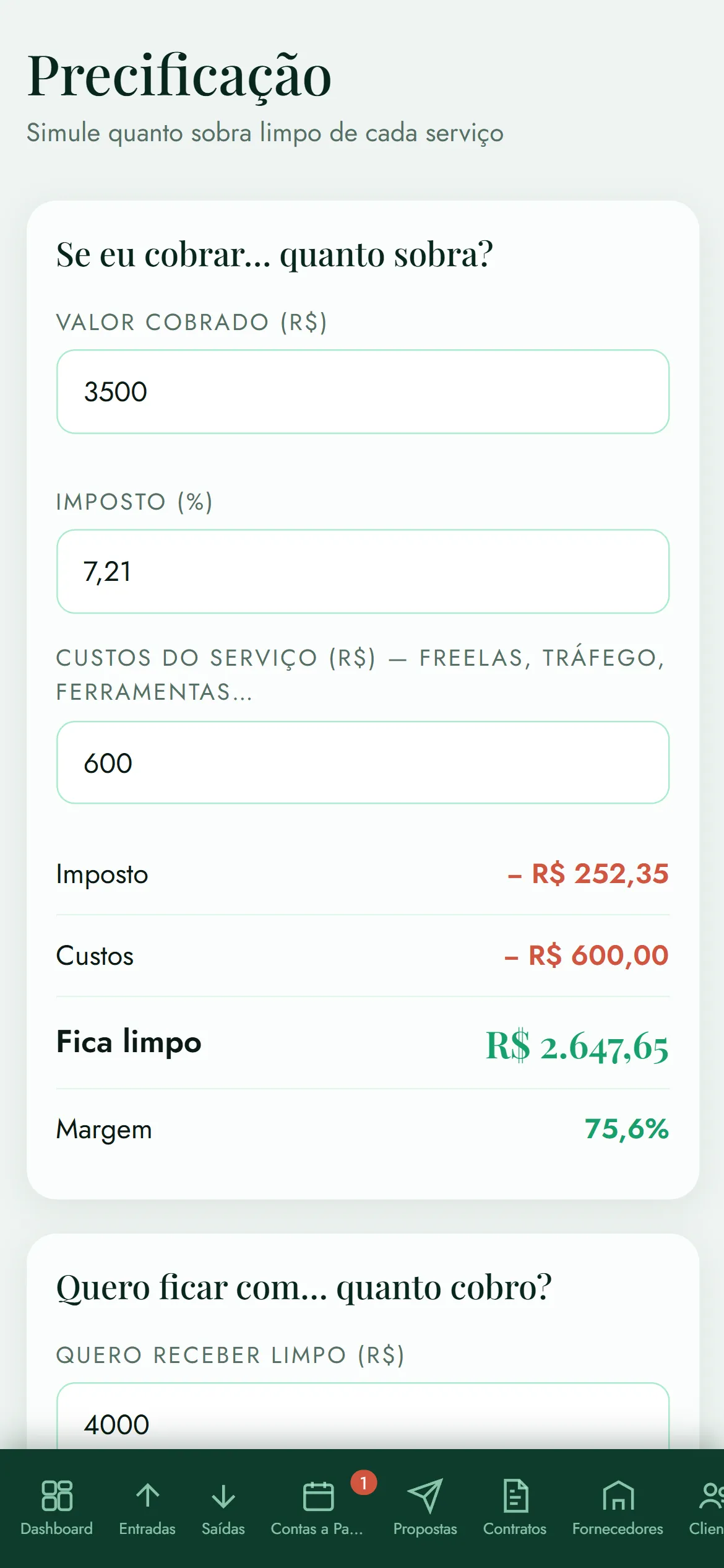 Calculadora de precificação aberta no celular.