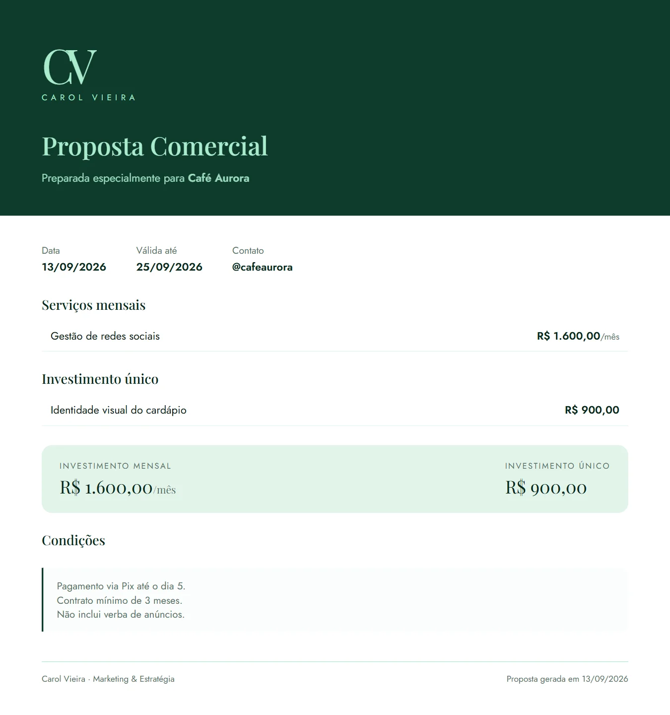 Proposta comercial em PDF com serviços mensais, investimento único e condições.